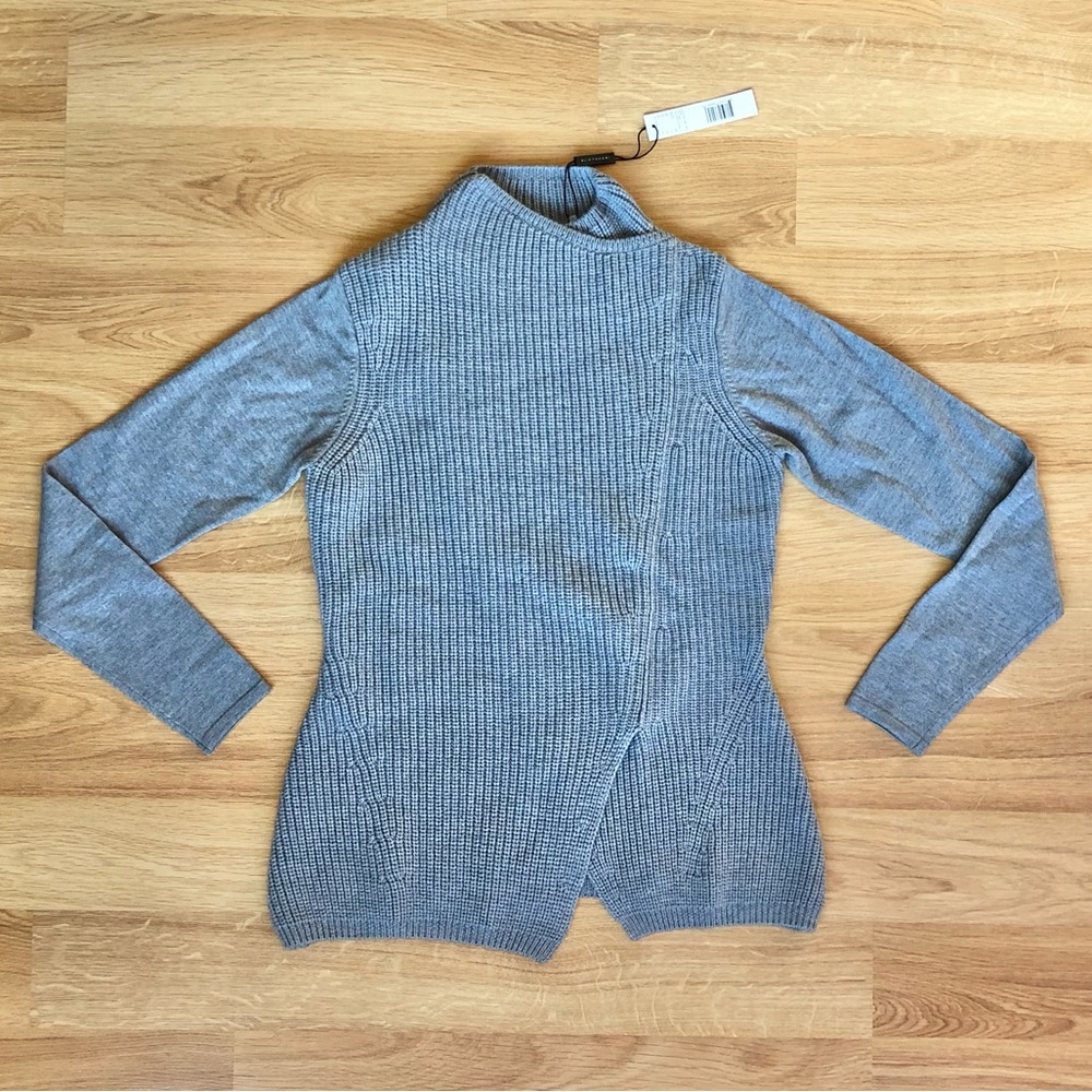 NWT Elie Tahari Women’s Hadley Gray Wool Sweater Mock Neck & Asymmetrical Front